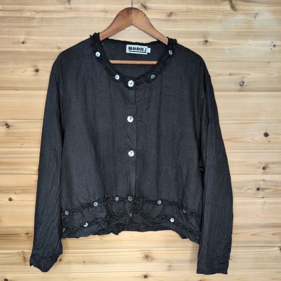 Bodil Tops - Bodil Womens Black Linen Ruffle Shell Button Top Lagenlook Blouse Size L